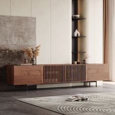 a living room scene with focus on the sideboard and shelves in the background,