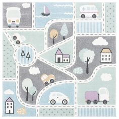 a child's play rug with cars and houses on the road in pastel colors