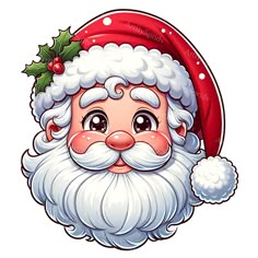 a cartoon santa claus face wearing a red hat and holly - berryed cap with his eyes closed