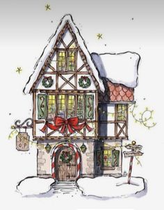 a drawing of a house decorated for christmas