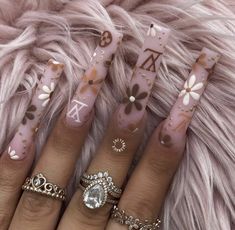 Nails With Flowers Design, Acrylic Nails With Flowers, Long Pink Acrylic Nails, Starbucks Nails, Lv Nails, Nails With Flowers, Louis Vuitton Nails, Nail Stickers Designs, Acrylic Nails At Home