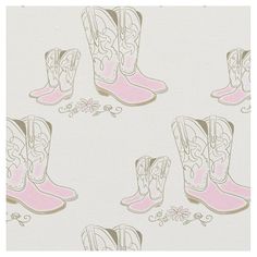 several pairs of pink cowboy boots on a white background with flowers and swirls around them