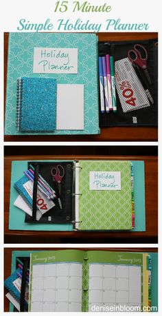 an open planner book sitting on top of a wooden table