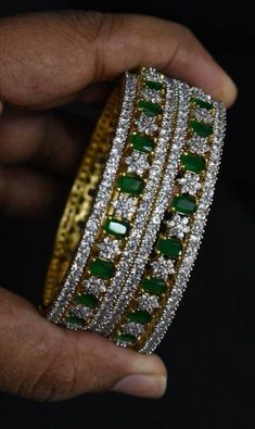 Emerald Diamond Bangles, Diamond Bracelets Wedding, Cz Bangles, Solid Gold Bangle, Gold Bangles Indian, Gold Pearl Jewelry