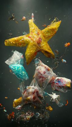 plastic bags and starfishs floating in the water