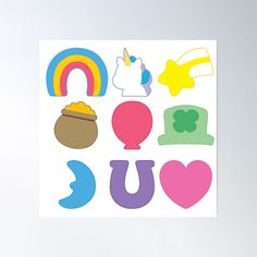 a poster with different types of stickers on the back of it, including unicorns and rainbows