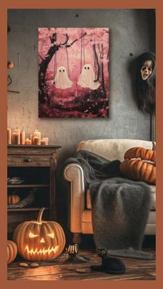 a living room decorated for halloween with pumpkins