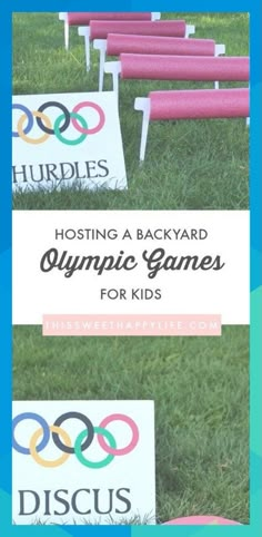 the olympic games are set up in the grass for kids to play with and have their name on them