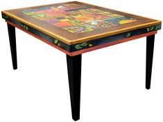 a wooden table with an artistic design painted on it