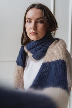 Hand knitted long and bulky scarf made from luxurious mohair silk blend yarn (75% mohair and 25% silk) in two colours: medium dark blue and beige. It is double layered, warm but still very lightweight. It will definitely provide you the feeling of warmth and coziness.  Width of the scarf - 26 cm (10.24 inch) Lengths: 200 cm (78.74 inc)   Please note that this garment is entirely  handmade and it might have slight imperfections or irregularities as it is not a mass production. Every item is uniqu Bulky Scarf, Scarf Knitted, Brown Scarves, Blue Scarf, Winter Scarf, Crochet Scarf