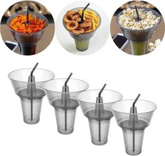 four cups with different types of drinks and straws in them, one is filled with popcorn