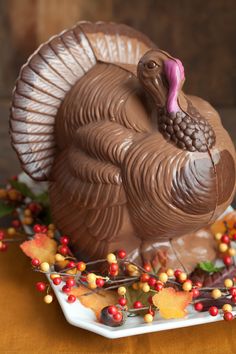 a chocolate turkey sitting on top of a white plate