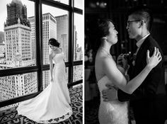 a bride and groom standing in front of a window looking out at the city skyline