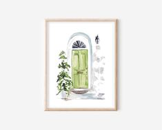 a watercolor painting of a green door and potted plant