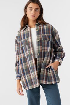 Layer up in this cute and classic flannel jacket. It's high pile lined for extra warmth and features a front button closure with collar and classic plaid print. O'Neill Women's lined flannel jacket 26" In length High pile lined Front button closure with collar Dual chest pockets Heavier fabric feel 100% Cotton Yarn Dye Twill With High Pile Lining | O'Neill Women's Chance High Pile Lined Flannel Jacket in Oil Green, Size XL, Twill Suits Series, Loungewear Outfits, Spring Suit, Womens Wetsuit, Denim Sweater, Flannel Jacket, Twill Shirt, Plaid Print, Womens Clothing Sizes