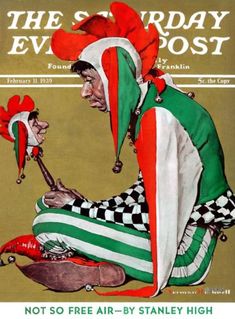 an advertisement for the saturday evening post featuring a clown with a chicken in his hand