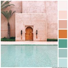 an instagram photo of a pool with a door and palm trees in the background