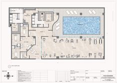 the floor plan for an apartment with swimming pool and living room, kitchen and dining area