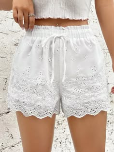 White Boho Collar  Woven Fabric Plain Wide Leg Embellished Non-Stretch  Women Clothing Embroidery Knot, Lace Blouse Styles, Girls Party Wear, Teen Girl Dresses, Eyelet Embroidery, Creation Couture, Blouse Styles, Lace Blouse, Elegant Dresses