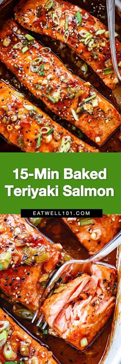 baked teriyaki salmon in a pan with spoons