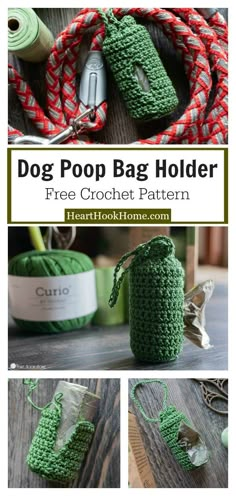 crocheted dog poop bag holder is shown with instructions to make it in the shape