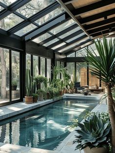 an indoor swimming pool surrounded by plants and trees