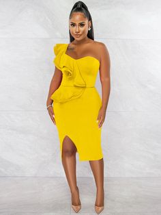 Sleeveless One Shoulder Midi Dresses Formal Wrap Dress, Formal Wrap, Plus Size Party Dress, Plus Size Party, Ruched Maxi Dress, One Shoulder Midi Dress, Midi Sundress, Cascading Ruffles, Yellow Midi Dress