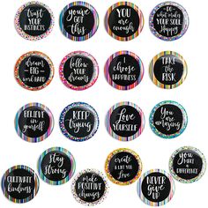 12 badges with different sayings on them, including one that says i love you more than