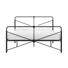 an iron bed frame with white sheets and pillows on it, against a white background