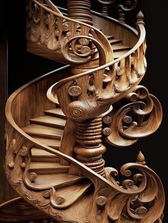 a wooden spiral staircase with intricate carvings on it