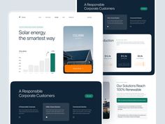 the website design for solar energy company is shown in three different colors and font options