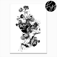 a black and white photo with flowers in the middle art print by artist - prints