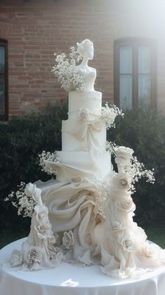 a three tiered wedding cake with white flowers on the top and bottom, sitting on a table outside