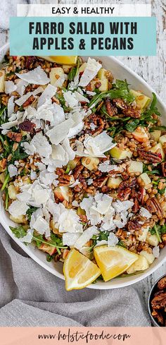 a salad with apples and pecans in a white bowl