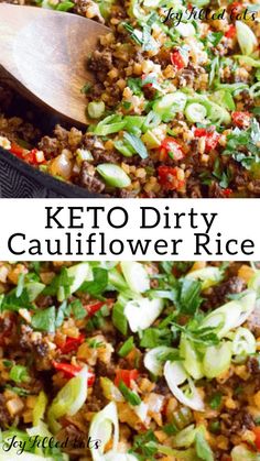 two pictures with the words keto dirty rice in it and an image of a skillet full of food