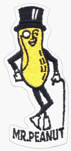 an embroidered patch with the words mr peanut on it and a cartoon character wearing a top hat