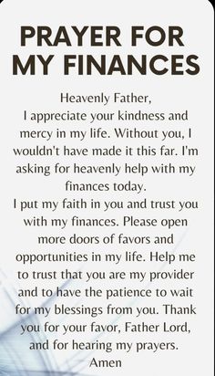 a prayer card with the words prayer for my finance