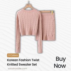 Stay chic and cozy with our Women's Korean Fashion Twist Knitted Sweater Set! 🧶👗 This set is the epitome of modern elegance and comfort. The twist knitted design adds a unique touch to your winter style, while the soft and warm fabric keeps you snug during colder days. Whether you're going to a brunch date or a casual gathering, this sweater set will have you looking effortlessly stylish. Embrace the allure of Korean fashion - get your set now! #knittedsweaterset #koreanfashion Winter Knit Long Sleeve Sets, Winter Long Sleeve Knit Sets, Knit Long Sleeve Sets For Fall, Cozy Fitted Winter Sets, Cozy Fitted Sets For Winter, Trendy Long Sleeve Sets For Winter, Casual Knit Sets For Winter, Winter Knitted Cotton Sets, Spring Casual Knit Sets