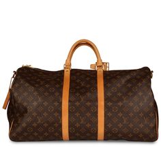 Louis Vuitton presents their signature Keepall bag, the perfect travel accessory for both men and women. Carefully crafted in the brand's iconic monogram canvas and cowhide leather trimming, top handles, and shoulder strap, the Keepall is sleek and sophisticated. Large and spacious, making it easy to carry your whole world with you wherever you go, the Keepall is also extremely lightweight. It's the perfect travel companion and is a necessary addition to any luxury bag collection, especially luggage. SPL Exterior Monogram canvas Cowhide leather lining, handles, and strap Two top handles Gold tone hardware Removable shoulder strap Luggage tab Zip close Luggage Tag embossed with AOH initials Very good condition – darkening to leather trims, hairline scratches to hardware Interior Brown fabri Louis Vuitton Presents, Louis Vuitton Keepall 55, Luxury Bags Collection, Louis Vuitton Keepall, Luxury Bag, Bag Collection, Brown Canvas, Exclusive Bag, Travel Companion