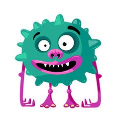 a green monster with big eyes holding a pink fork and looking at it's mouth