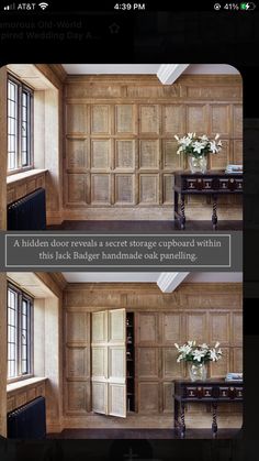 two pictures of the same room with wood paneling and white flowers in vases