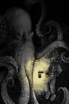 an octopus with a key in it's mouth next to a man holding a flashlight