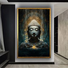 a buddha painting hanging on the wall in a room