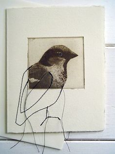 a black and white bird sitting on top of a wall next to a piece of string