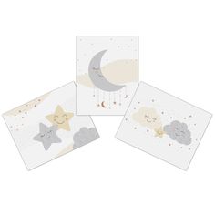 three cards with stars and clouds on them