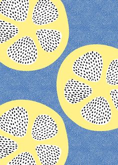 three pieces of fruit with holes in them on a blue and yellow tablecloth background