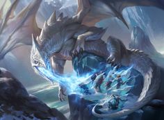 a large white dragon standing on top of a snow covered mountain next to a blue fire