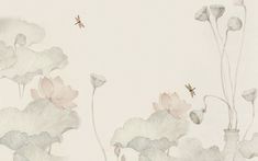 a drawing of flowers and dragonflies flying over them on a white wallpapered background