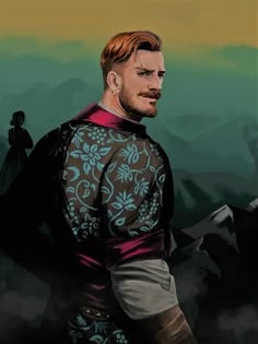 a painting of a man with red hair wearing a black and blue outfit, standing in front of mountains