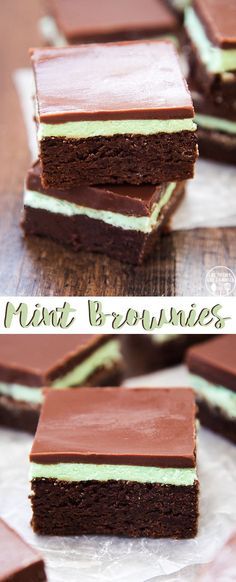 two pictures of chocolate desserts with mint brownies on the top and green frosting on the bottom